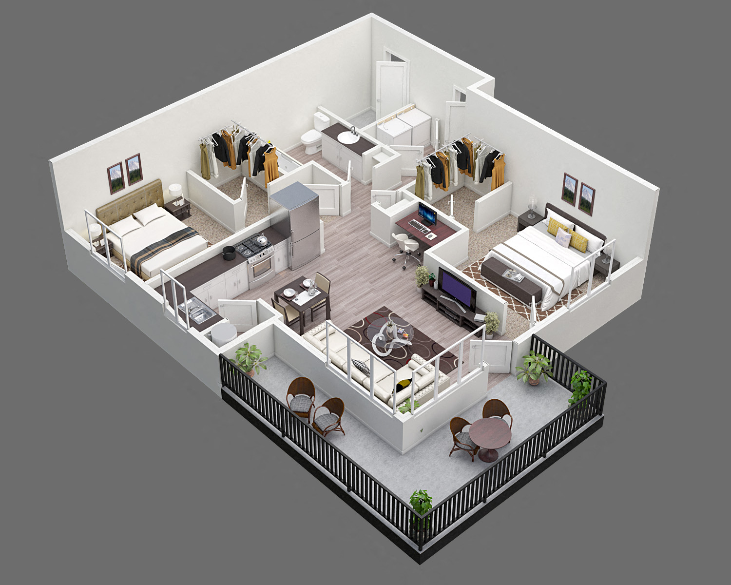 Floor plan for 2 beds, 1 bath, 986 sqft